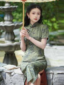 Huakaizhi Xia Xin Chinese Style Traditional Improved Green Cheongsam Retro Elegant Short Sleeve Dress
