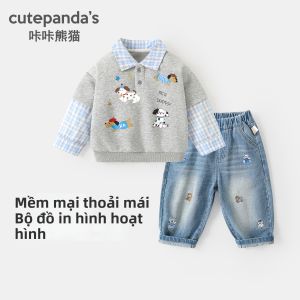 CUTEPANDAS | Bộ Quần Áo Hoodie Giả Hai Mảnh Cho Bé Trai Có Hình Cartoon