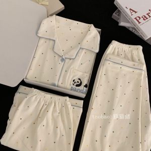 ชุดนอนผู้หญิงลายแพนด้า ผ้าฝ้ายแท้ แขนสั้น ชุดสามชิ้น ฤดูใบไม้ผลิและฤดูใบไม้ร่วง เสื้อคลุมคาร์ดิแกนหลวมๆ สำหรับใส่อยู่บ้าน