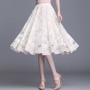 Slimming Large Size Long Lace Trim A-Line Skirt Womens High Waist Pleated Tulle Fairy Skirt Summer 2024 Fashion Trend