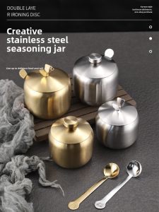 Korean Style Stainless Steel Seasoning Pot Kitchen Golden Restaurant Chili Oil Can Salt Jar Barbecue Seasoning Bottle Box with Spoon Creative