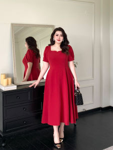 GLEC | French Retro Square Neck Waist-cinched Red Dress