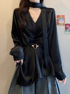 Elegant V-Neck Long Sleeve Acetate Satin Belted Shirt Womens plus Size Fashion Early Autumn 2025 New Style Korean Loose Fit