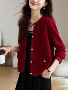 เสื้อคาร์ดิแกนถักผ้าขนสัตว์เนื้อบางสำหรับผู้หญิง สีแดงเข้ม ทรงหลวม แขนยาว ปกกลม คอกลม กระดุมเดียว ฤดูใบไม้ร่วง 2024