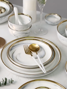 Ceramic Marble Plate | Gold Trim | 20cm | Kitchen Utensils | Serving Plates | Plates