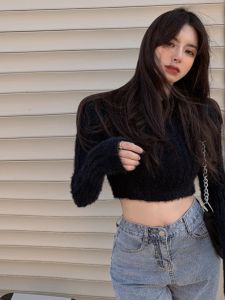 เสื้อชั้นในถักเซ็กซี่สั้นสำหรับผู้หญิง เสื้อคลุมขนกระต่าย ดีไซน์เก๋ไก๋ เสื้อคลุมยาวถึงเข่า แขนยาว ปกติ