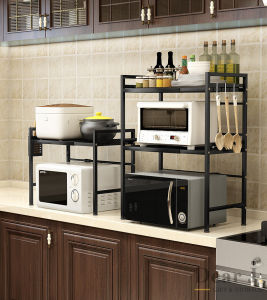 Kitchen Microwave Rack Adjustable Length And Height Commodity Shelf Carbon Steel Material Rack(Complimentary Hooks)