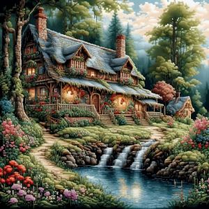 HUACAN House Landscape Embroidery Cross Stitch Kits Waterfall Forest Needlework Printed Canvas 11CT Decor For Home