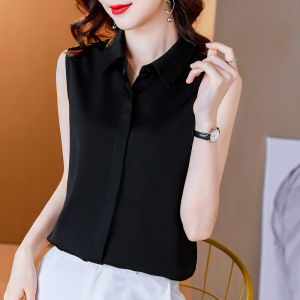 Plus Size Ladies Plus Size Bandage Dress Sleeveless Shirt Womens Spring and Summer White Waistcoat Inner Wear Non-Ironing Anti-Wrinkle Bottoming Shirt Polo Collar Top