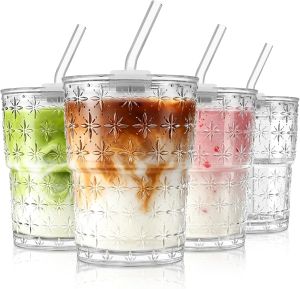 4PCS Glass Tumbler Cup with Lid and Straw Embossed Clear Drinking Glass for Iced Coffee Latte Matcha Juice Tea Drinkware Set
