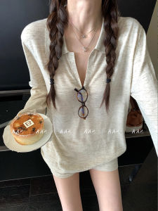 Linen Sun Protection Shirt Long Sleeve T-Shirt Women Summer Thin Casual Loose Air Conditioning Shirt V-Neck Top Korean Style