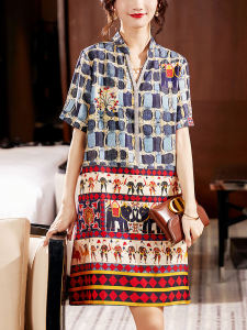 ชุดเดรสคอวีหลวมๆ แขนสั้นพิมพ์ลายแฟชั่นฤดูร้อน 2022 สำหรับผู้หญิง ชุดราตรี ชุดแต่งงาน เดรสยาวคลุมเข่า แขนสั้น ผ้าชีฟองผสมโพลีเอสเตอร์