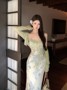 Green Long Sleeve Sun Protection Lace Print Halter Dress Two Piece Set Womens Summer Fashion Outfit Short Length Button up Slim Fit Commute Style Casual Wear