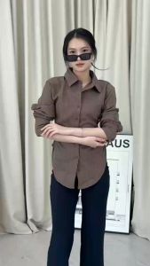 LOTUS Loui Top Kemeja Salur Wanita Slim Fit Lengan Panjang Korean Stripe Shirt Premium Semiwool