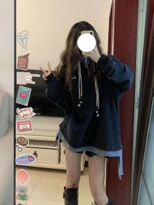 plus Size American Retro Patchwork Denim Sweatshirt Womens Autumn New Slimming Fake Two-Piece Top Coat Trendy