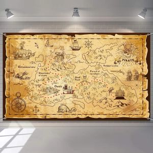 Retro Pirate Treasure Map Polyester Background Cloth Vintage Treasure Map Poster for Home Living Room Decor