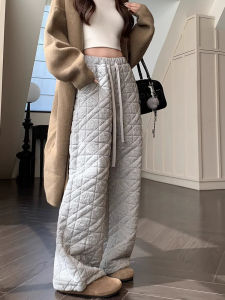 Womens Casual Wide Leg Pants Thickened Fleece Lined Diamond Grid Design High Waist Long Trousers Autumn Winter New Arrival