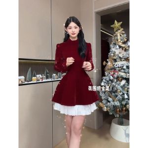 ชุดเดรสยาวผ้ากำมะหยี่สีแดง คอโปโล ทรงเข้ารูป กระโปรงทรงเอ แขนยาว ทรงเข้ารูป สำหรับผู้หญิง ชุดทำงาน ชุดลำลอง ชุดไปงานปาร์ตี้