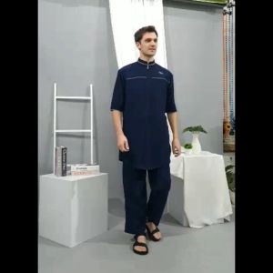 Terbaru Setelan Muslim Pria Lengan Pendek Set Baju Koko Kurta + Celana Bonus Peci + Tasbih