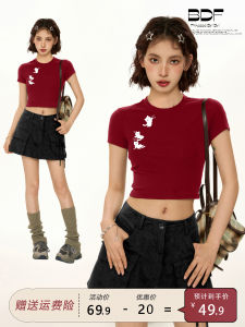 Áo Thun Nữ Tay Ngắn in Hình Mèo Màu Đỏ Cổ Tròn Mùa Hè Thường Ngày Không Tay Áo Ngắn Cạp Cao Ôm Vừa Vặn