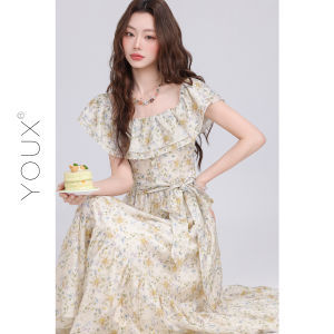 YOUXIANG | Đầm eo cao cổ vuông viền bèo