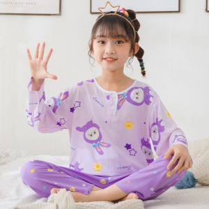 Girls Cotton Silk Sleepwear Long Sleeve Thin Summer Clothes Baby Air Conditioning Suit Children Home Clothes Set Breathable Moisture Wicking