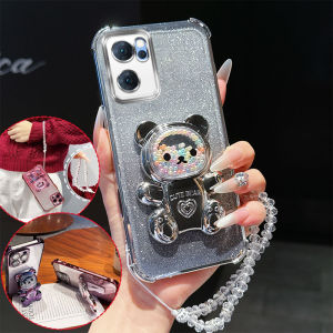 4 Corner Shockproof Phone Case with 3D Bear Stand Crystal Chain Lanyard Glitter For Oppo Reno7 5G Pro SE Find X Lite Back Cover