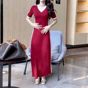 ชุดเดรสยาวแขนสั้นทรงเอสีพื้นสไตล์ลำลองสำหรับผู้หญิงในช่วงฤดูร้อนปี 2023 ชุดเดรสทรงเอเข้ารูปสุดเก๋สำหรับผู้หญิง