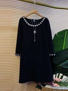 Chubby Girl Western Style Beaded Neckline Long Sleeves Black Slim Looking Casual Skirt XL plus Size Womens Clothes Loose Simple Dress