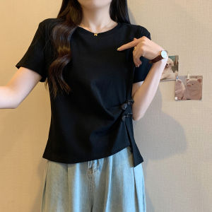 plus Size Summer Chinese Style Short Sleeve T-Shirt Womens Design Slim Fit Splitting Creative Commute Korean Style Top