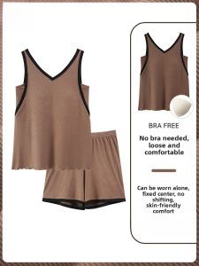 miiow | Ice Silk Sleepwear With Chest Pad Ladies Sleeveless Strap Vest Shorts Set Home Clothes Summer New Arrival MiiOW Cat Person