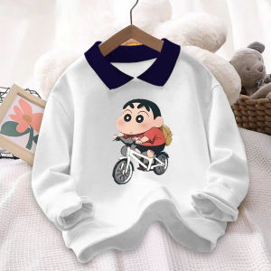 Cotton Polyester Long Sleeve Sweatshirt for Boys Cartoon Doraemon Collared Base Shirt Spring Autumn Wear for Babies And Kids