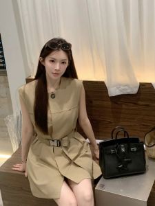 VKSOD | Retro Kaki Color Sleeveless A-Line Dress Womens Summer Slimming High Waist Short Skirt Korean Style Casual Round Neck Dress