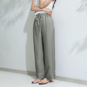 Miccbeirn | Casual Silk Wide Leg Pants Straight Cut Loose Fit Elastic Waist Long Trousers Simple Style Summer Commute Miccbeirn