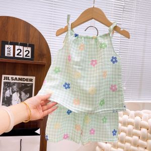 Lightweight Silk Cotton Childrens Summer Home Clothes Air Conditioned Baby Clothes Floral Pattern Girls Set Korean Style