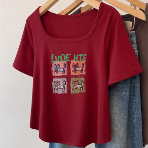 พลัสไซส์ ผู้หญิง เสื้อยืดแขนสั้น หลวม Fit ฤดูร้อน สไตล์ การ์ตูน Cat ดีไซน์ ชิค เสื้อท่อนบน สําหรับ พลัสไซส์ สุภาพสตรี