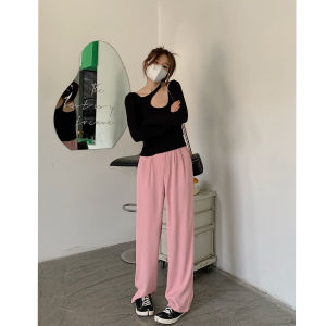 Pink Womens Summer Thin Hanging Sensation Casual High Waist Straight Leg Pants Slimming Wide Leg Floor-Length Suit Trousers