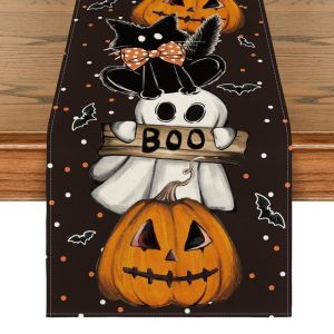 VIKAMA Halloween Table Runner Mèo Đen Ma Bí Ngô Dơi Thiết Kế Chấm Bi Trang Trí Bàn Ăn Cho Bữa Tiệc Gia Đình Chủ Đề Mùa Thu