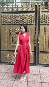 Đầm form dài sát nách cổ bẻ đính nút phối khoen eo dây cột nơ có túi - GR0367 (HÌNH THẬT SHOP CHỤP VÀ QUAY VIDEO)
