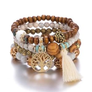 Wood Beaded Bracelets for Women Handmade Fashion Bracelets Boho Multi-layer Bracelet Jewelry Lucky Tree Tassel Pendant