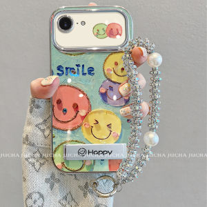 เคสโทรศัพท์ซิลิโคนป้องกันการตกหล่นแบบพับได้สำหรับ Apple 16E แบบใหม่พร้อมสายรัด ดีไซน์วาดภาพยิ้ม สไตล์แฟชั่นสำหรับผู้หญิง