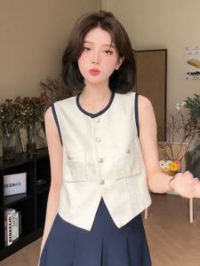 Summer off-Shoulder Blazer Vest Coat Womens Classic Style Temperament Crew Neck Short Vest Sleeveless Bandage Dress Waistcoat Top