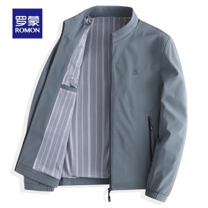 ROMON | Lormen Mens Casual Stand Collar Jacket Windproof Spring Autumn Business Style Polyester Fiber Standard Fit Outerwear Coat