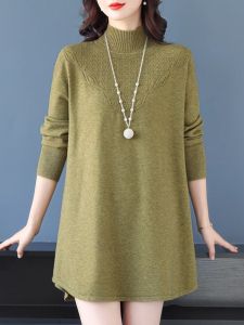 Autumn Winter Cashmere Knit Dress Womens Loose Long Sleeve Half High Collar Solid Color Fleece Warm Fashionable Business Casual