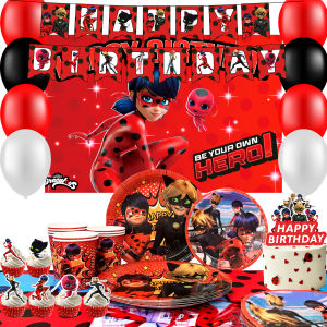 Bandai | 98 Pcs Miraculous Ladybug Birthday Party Supplies-Ladybug Plates Tablecloth Baiioons etc Miraculous Ladybug Birthday Decorations