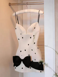 Vintage Dots Bow Straps High-end Slim-fit Pencil Dress