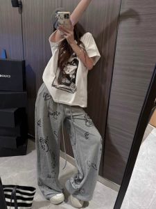 Gray Wide Leg Pants Womens Loose Summer Casual Sporty Sweatpants Cartoon Kitty Cat Graffiti High Waist Comfortable Trousers
