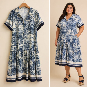 Allure Plus Clothing MARVY Dress Vintage Toile Print Full Button Shirt Dress
