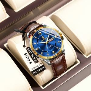 นาฬิกาผู้ชายหนังหรู POEDAGAR นาฬิกา Fashion Jam Tangan หน้าปัดเพชรเรืองแสงกันน้ำสำหรับผู้ชายนาฬิกาข้อมือสำหรับผู้ชายควอทซ์ของแท้