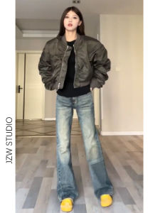 American Retro High Waist Wide Leg Denim Jeans Womens Fleece Lined Loose Straight Cut Draping Floor Length Pants